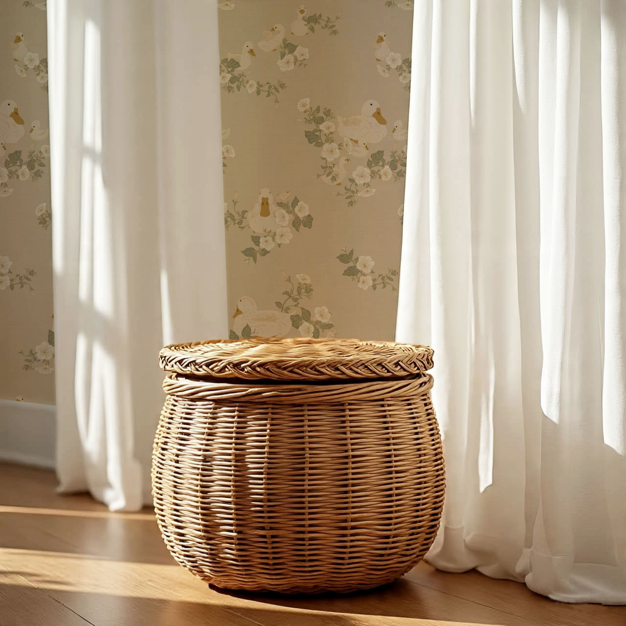 Ariel Ducks and Petunias Beige Wallpaper