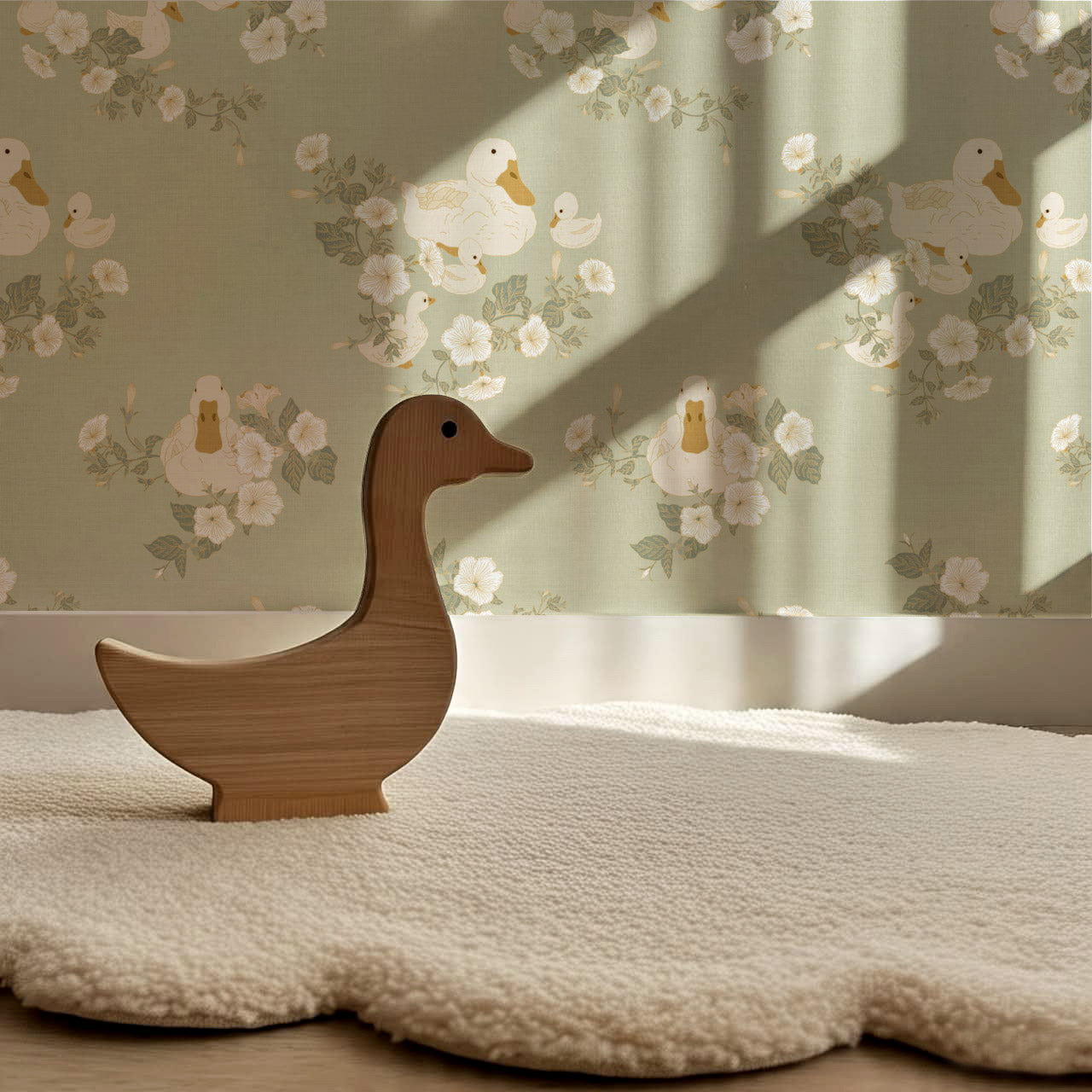 Ariel Ducks and Petunias Sage Wallpaper