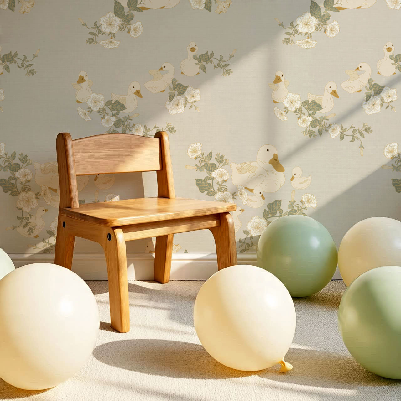 Ariel Ducks and Petunias Light Dove Wallpaper