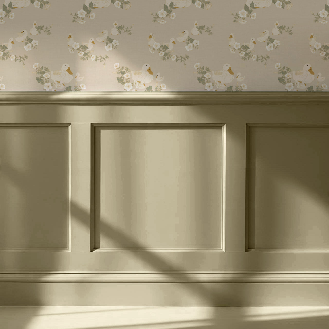 Ariel Ducks and Petunias Beige Wallpaper