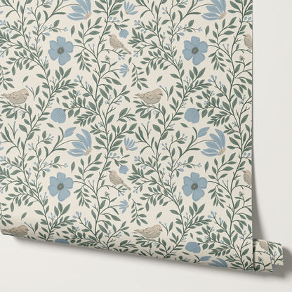 Athena Songbird Vine Blue Sage Wallpaper