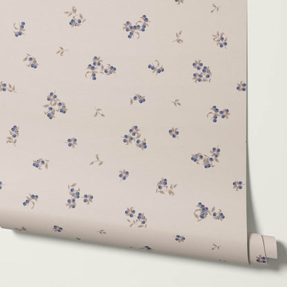 Ayla Delicate Berries Taupe Blue Wallpaper