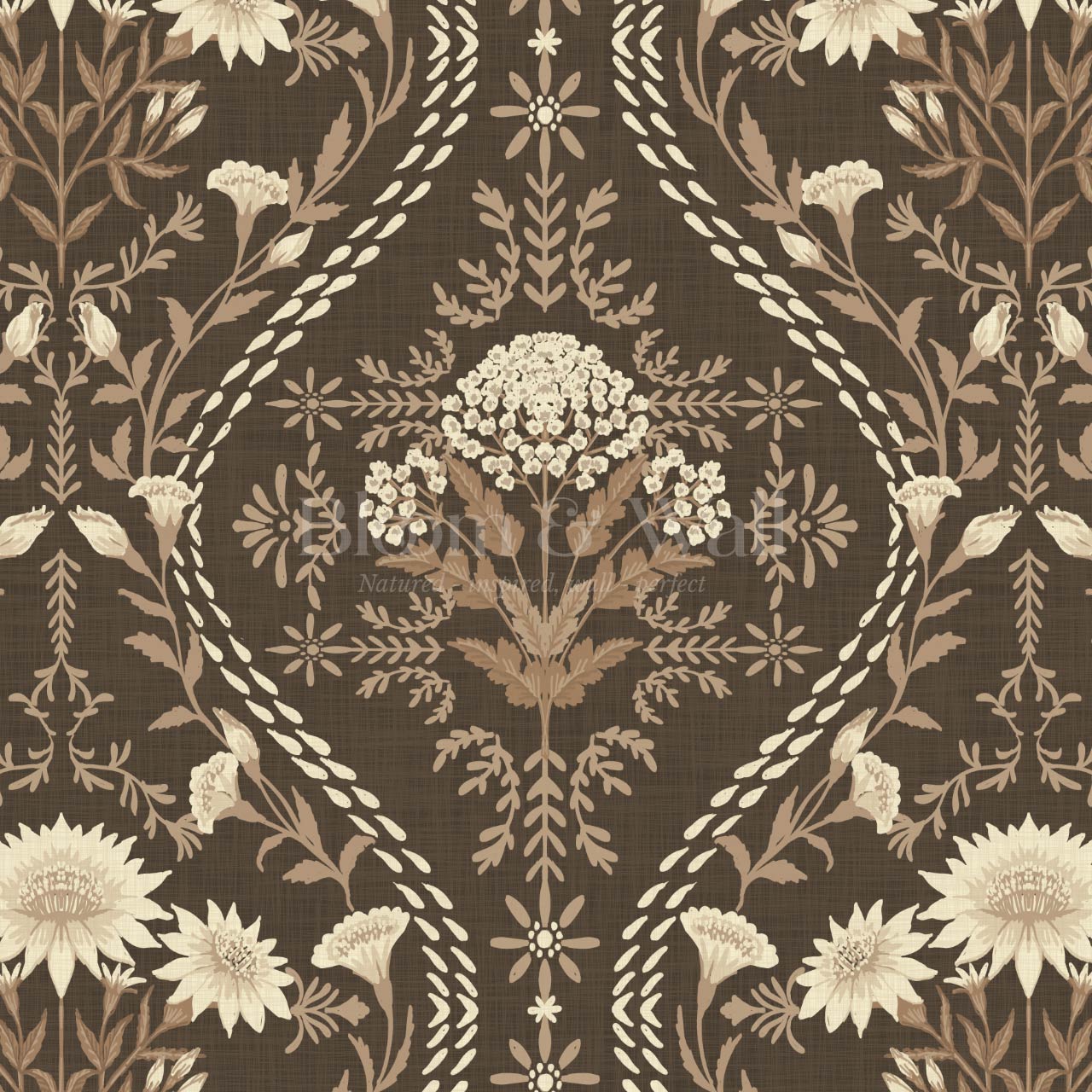 Azalea Ogee Large Fall Florals Brown Wallpaper