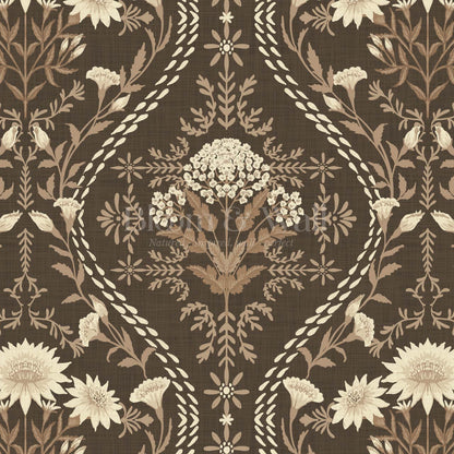 Azalea Ogee Large Fall Florals Brown Wallpaper
