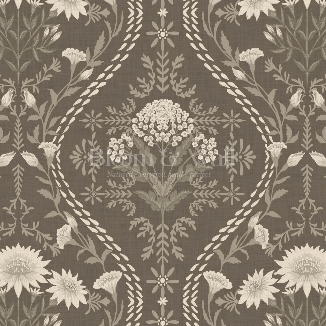 Azalea Ogee Large Fall Florals Olive Wallpaper