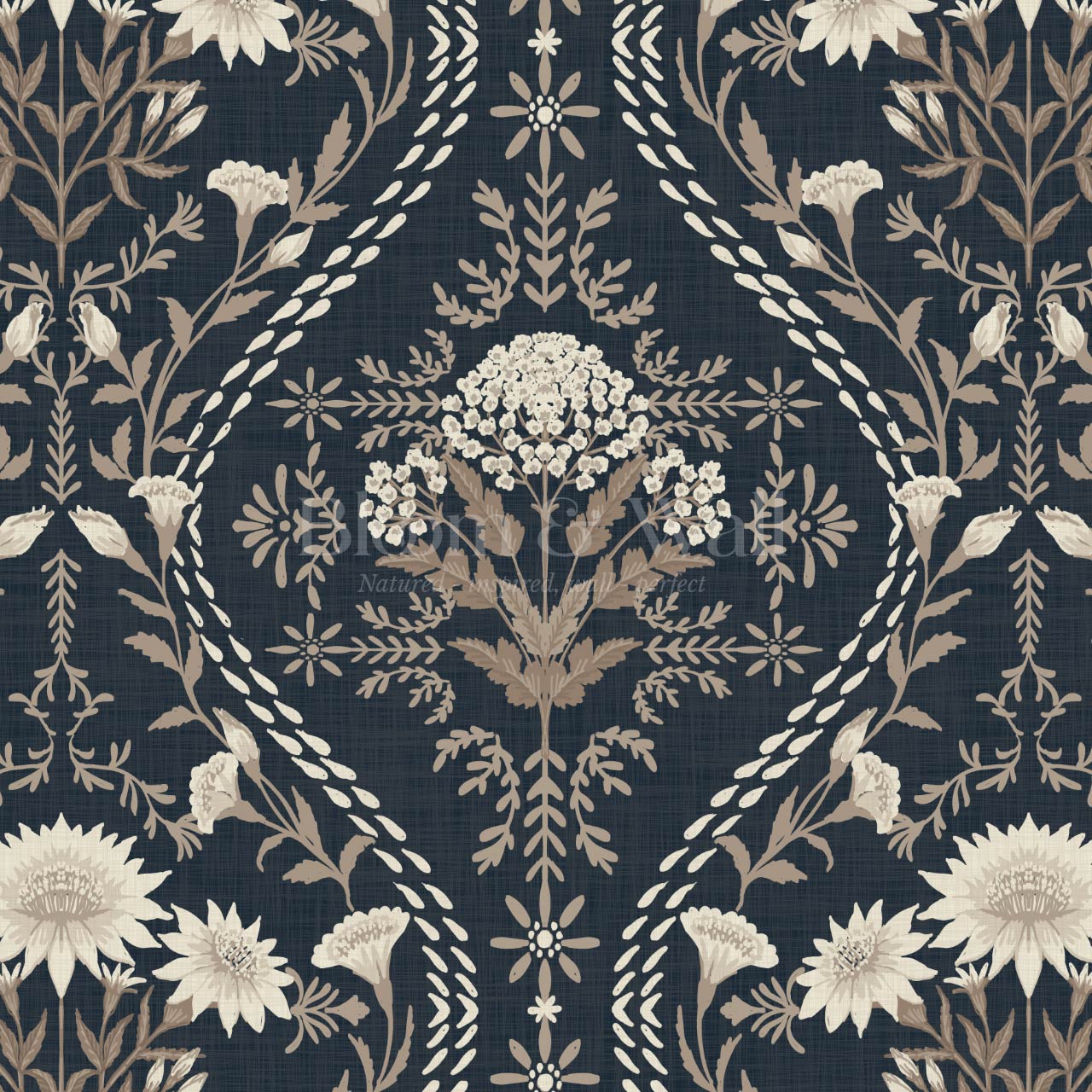 Azalea Ogee Large Fall Florals Navy Pattern