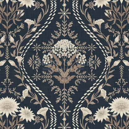 Azalea Ogee Large Fall Florals Navy Pattern