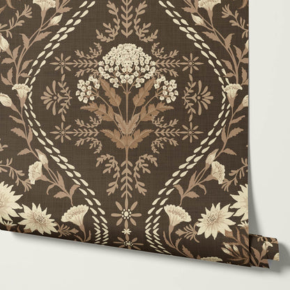 Azalea Ogee Large Fall Florals Brown Wallpaper