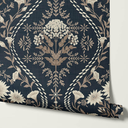 Azalea Ogee Large Fall Florals Navy Pattern