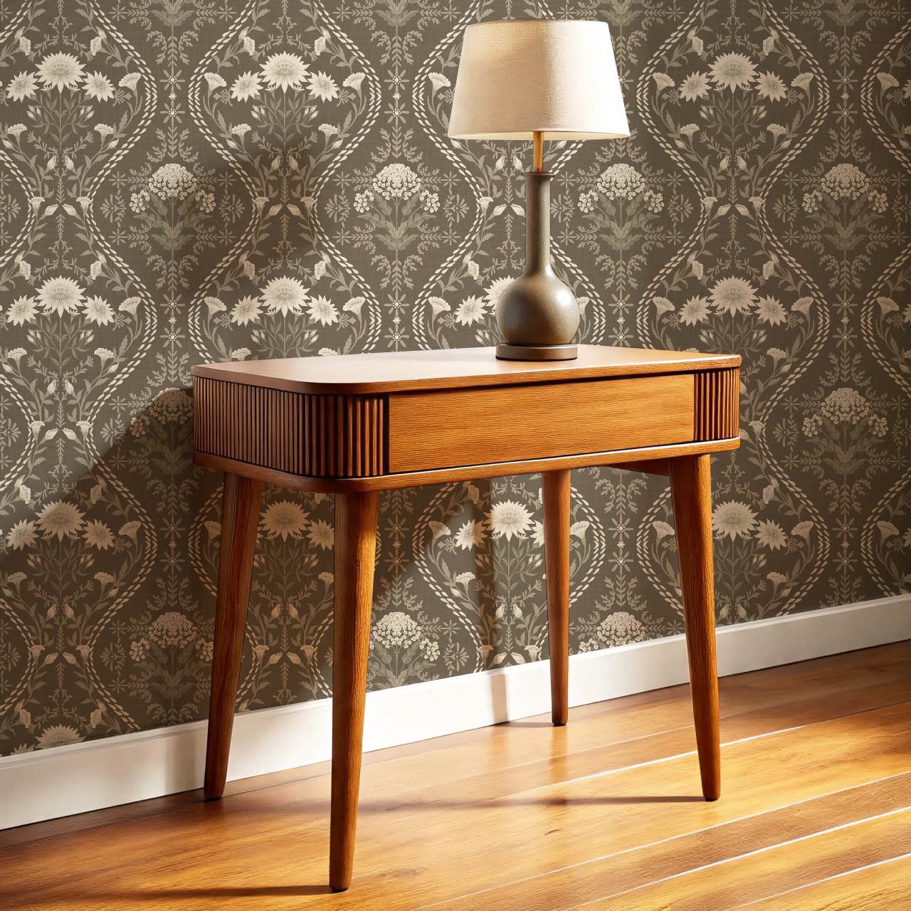 Azalea Ogee Large Fall Florals Olive Wallpaper