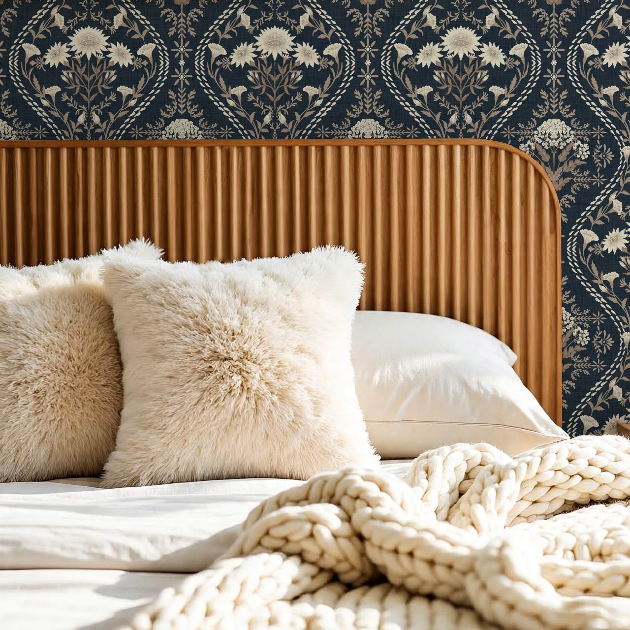 Azalea Ogee Large Fall Florals Navy Pattern