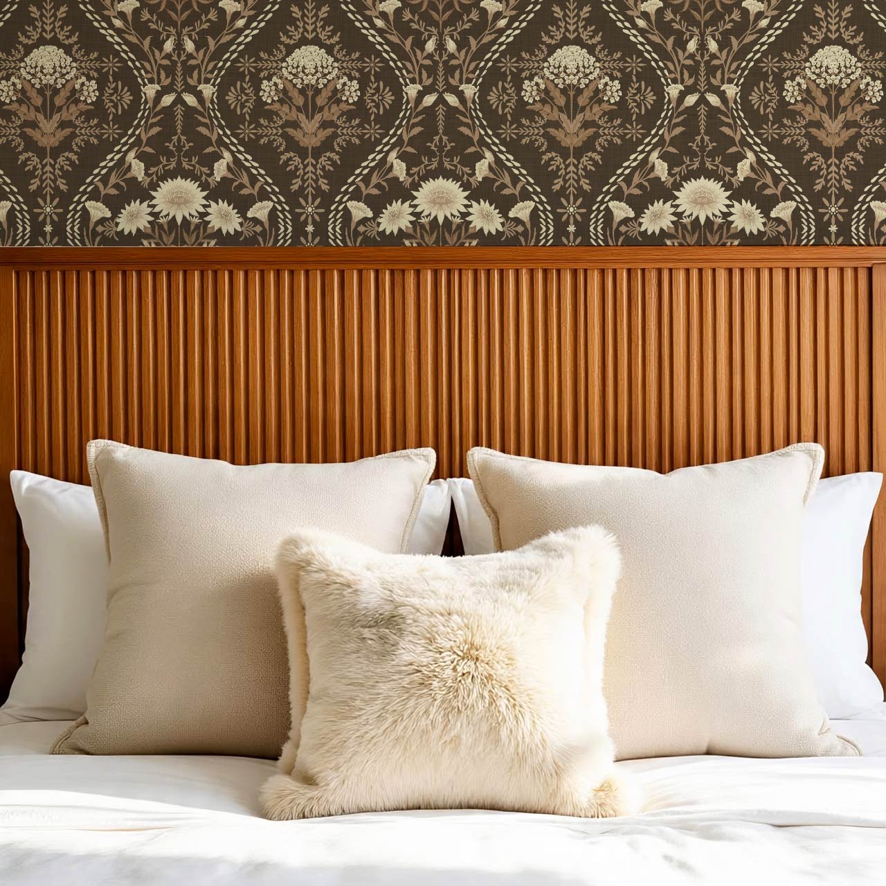 Azalea Ogee Large Fall Florals Brown Wallpaper