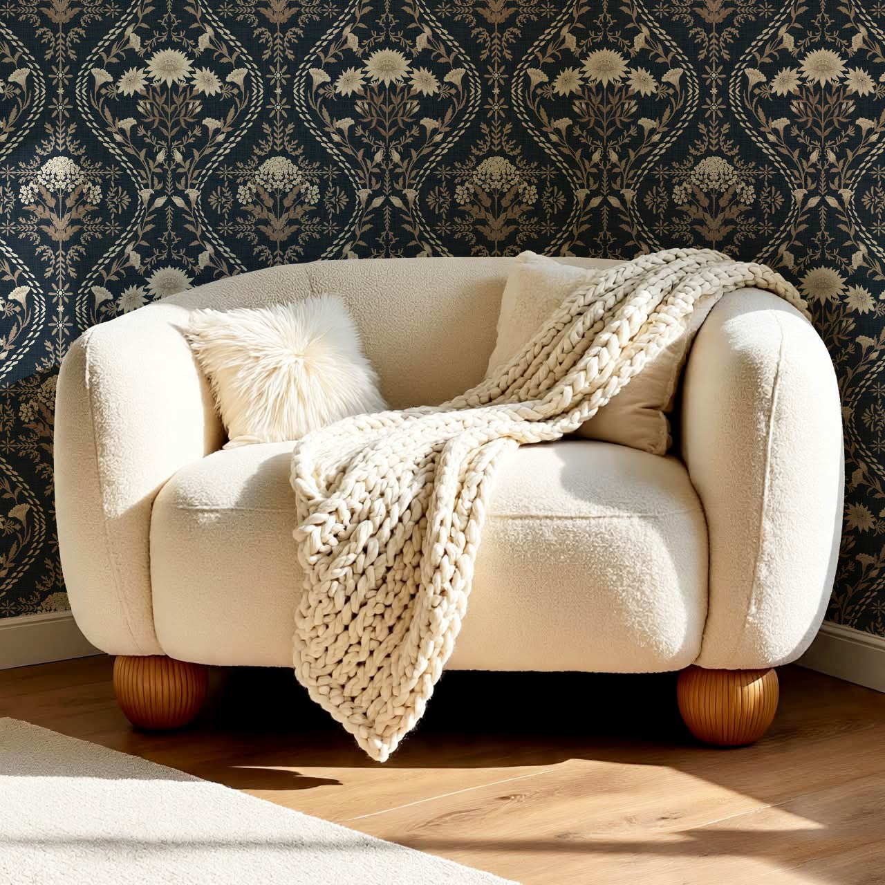 Azalea Ogee Large Fall Florals Navy Pattern