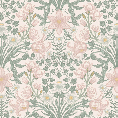 Baylin Large Blooming Trellis Pink Green Wallpaper