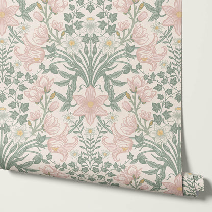 Baylin Large Blooming Trellis Pink Green Wallpaper