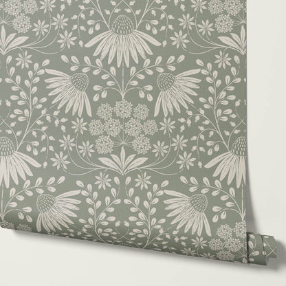 Beatriz Flower Garden Pale Sage Ivory Wallpaper