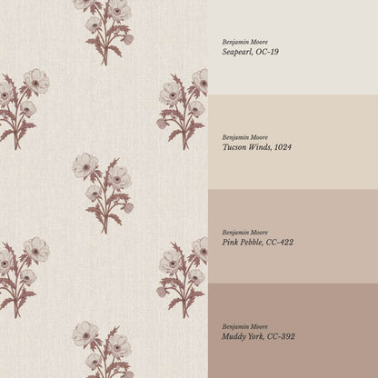 Belisa Anemone Bouquet Linen Beige Burgundy Wallpaper