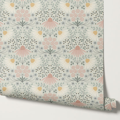 Belle Daisy Garden Sage Wallpaper