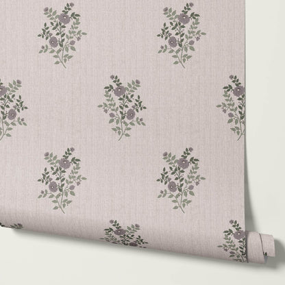 Berta Woodland Bouquet Linen Bone Forest Plum Wallpaper