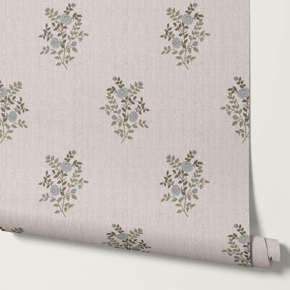 Berta Woodland Bouquet Linen Bone Pale Sky Wallpaper