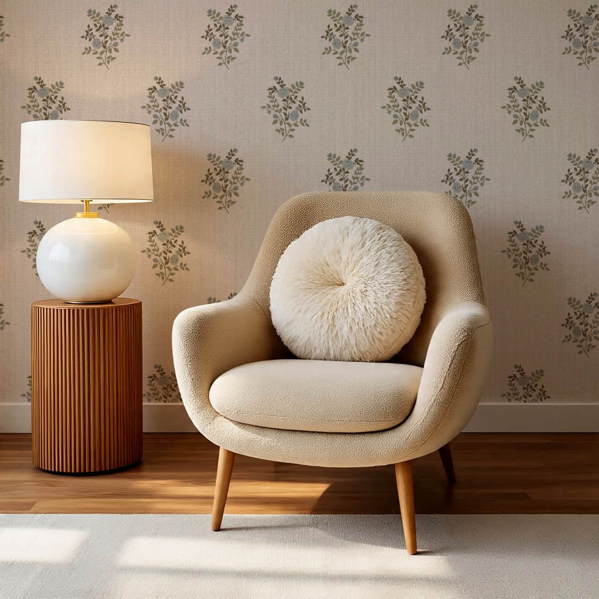 Berta Woodland Bouquet Linen Bone Pale Sky Wallpaper