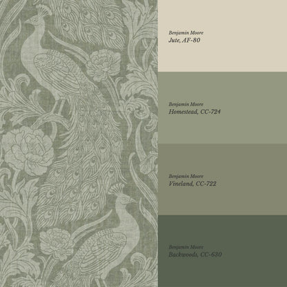 Blevine Peacocks Damask Forest Sage Wallpaper