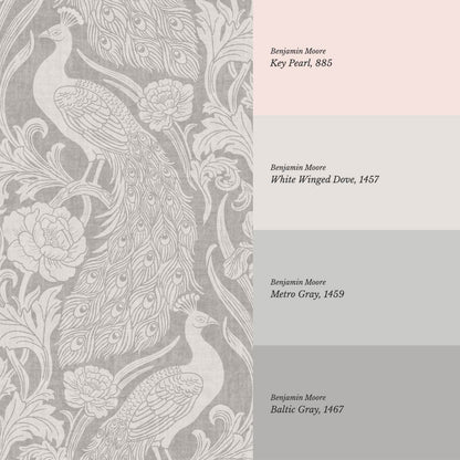 Blevine Peacocks Damask Stone Gray Wallpaper