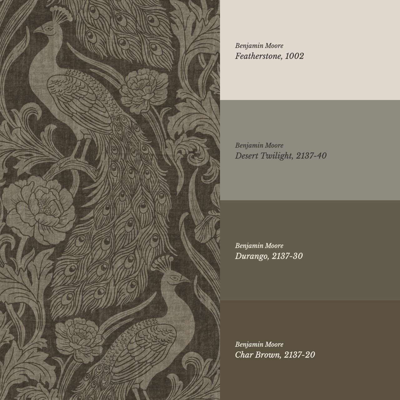 Blevine Peacocks Damask Taupe Brown Wallpaper