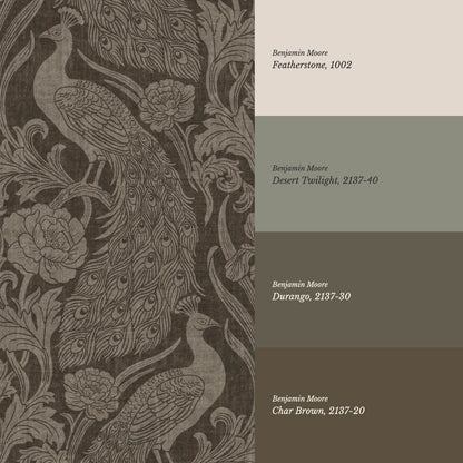 Blevine Peacocks Damask Taupe Brown Wallpaper