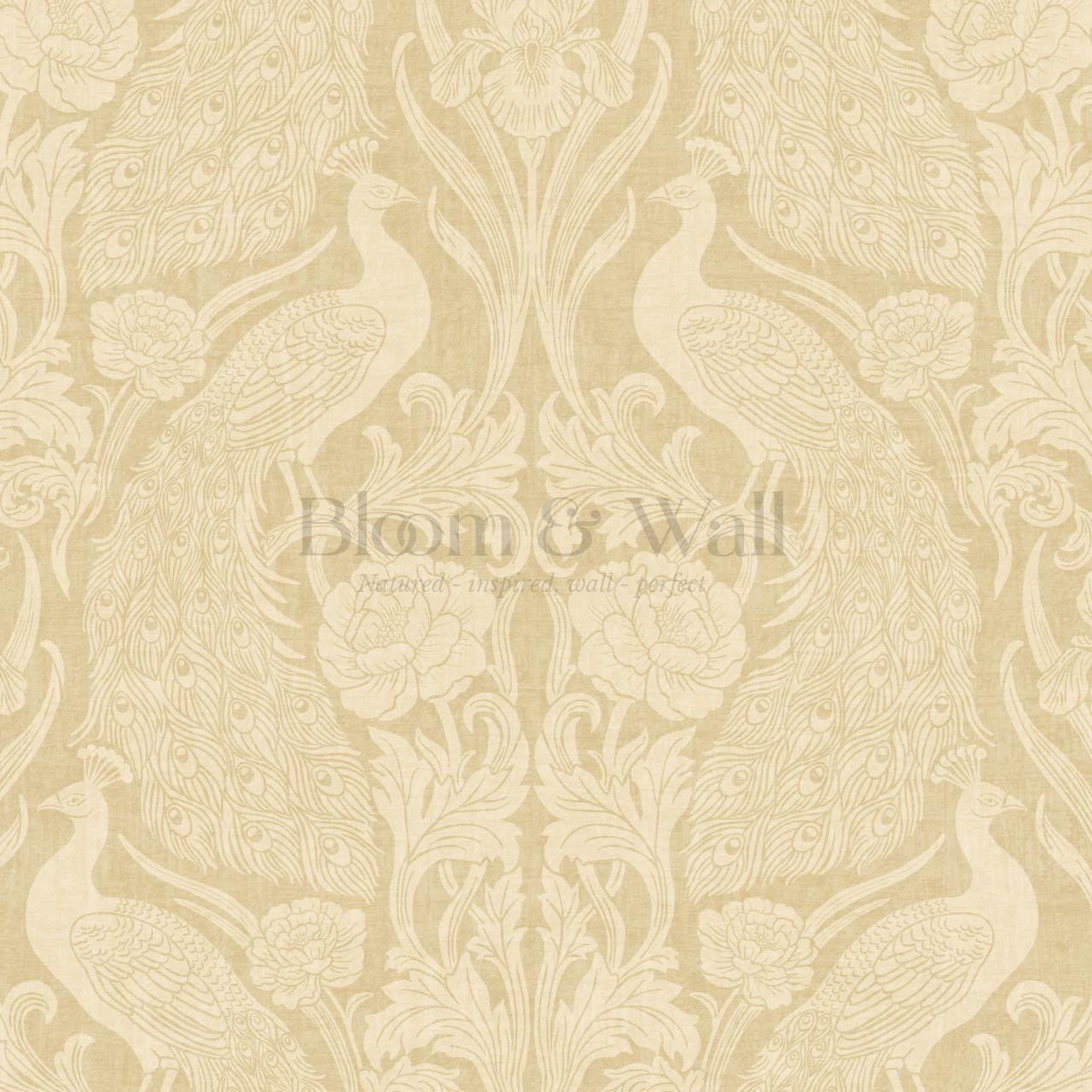 Blevine Peacocks Damask Almond Butter Wallpaper