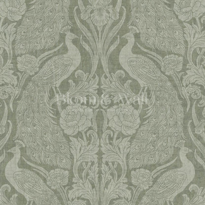 Blevine Peacocks Damask Forest Sage Wallpaper