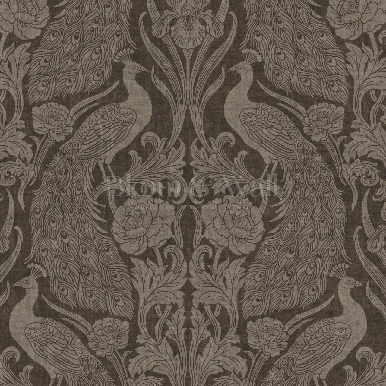 Blevine Peacocks Damask Taupe Brown Wallpaper