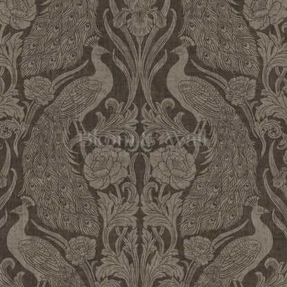 Blevine Peacocks Damask Taupe Brown Wallpaper