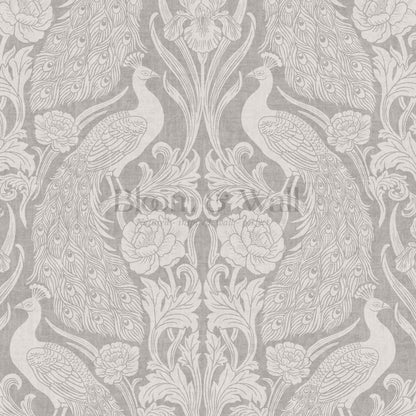 Blevine Peacocks Damask Stone Gray Wallpaper