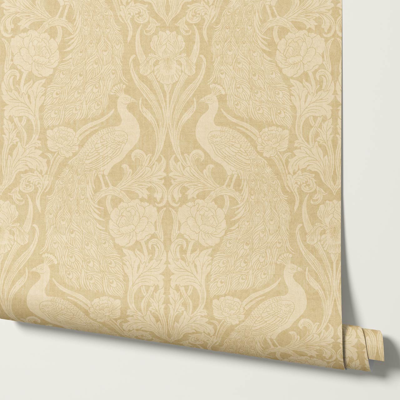 Blevine Peacocks Damask Almond Butter Wallpaper