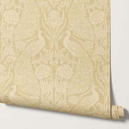 Blevine Peacocks Damask Almond Butter Wallpaper
