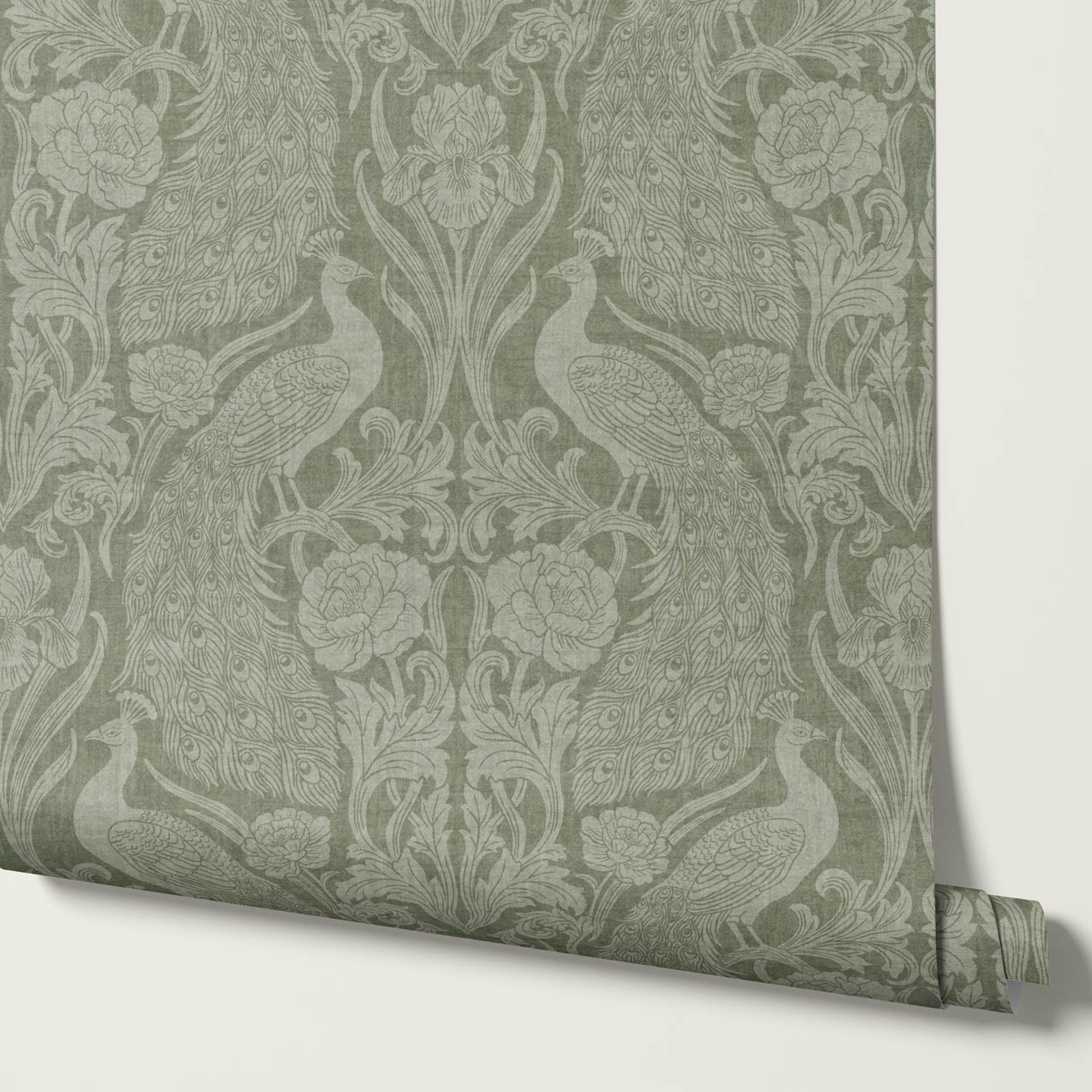 Blevine Peacocks Damask Forest Sage Wallpaper