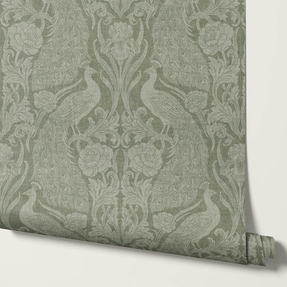 Blevine Peacocks Damask Forest Sage Wallpaper