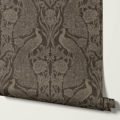 Blevine Peacocks Damask Taupe Brown Wallpaper