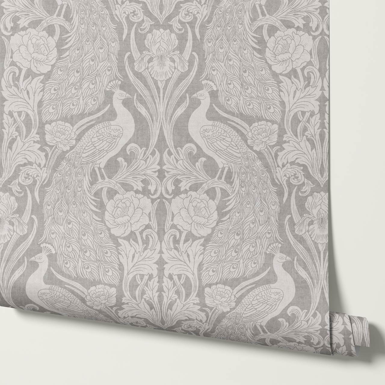 Blevine Peacocks Damask Stone Gray Wallpaper
