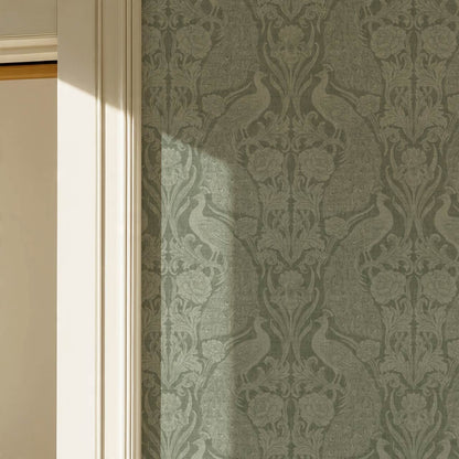Blevine Peacocks Damask Forest Sage Wallpaper
