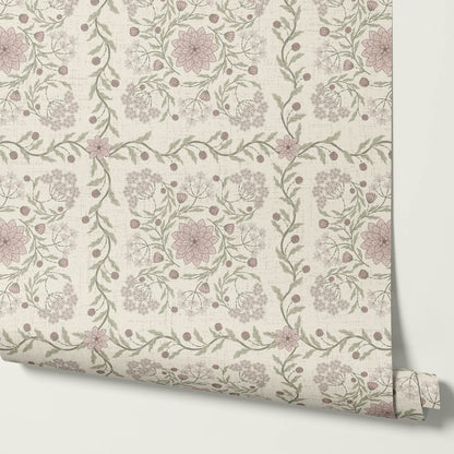 Boni Heritage Check Floral Sage Blush Ivory Wallpaper