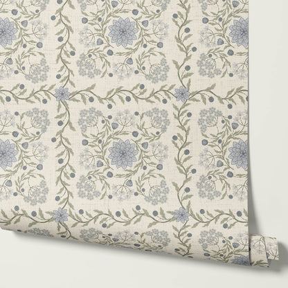 Boni Heritage Check Floral Pale Blue Sage Wallpaper