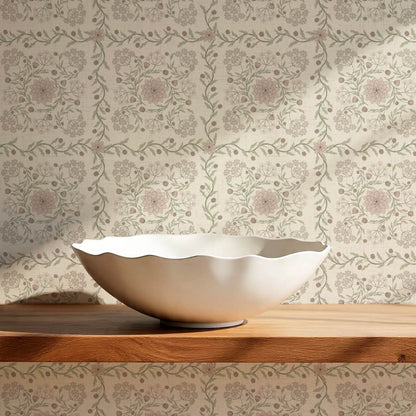 Boni Heritage Check Floral Sage Blush Ivory Wallpaper