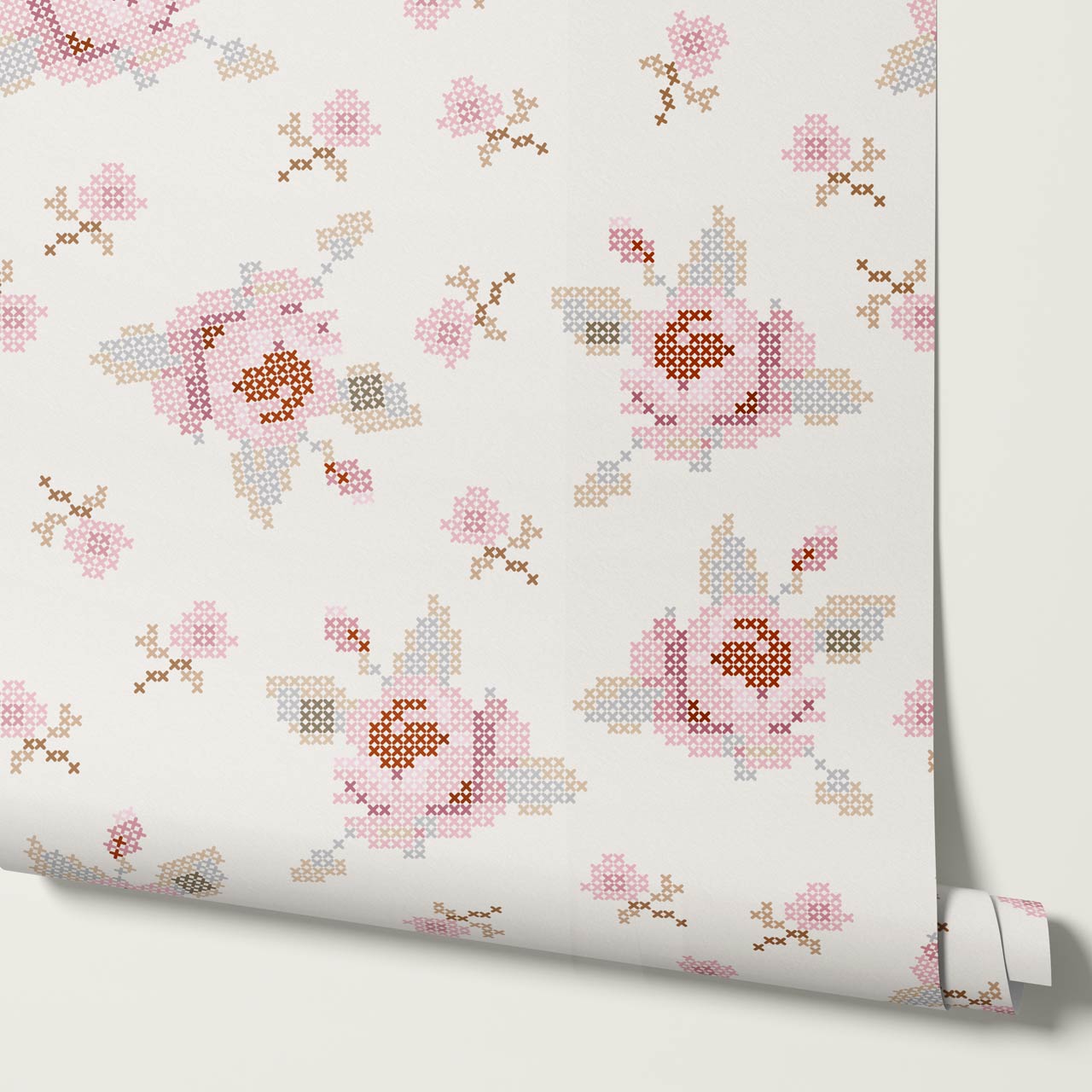 Bonnie Cross Stitch Roses Blush Wallpaper