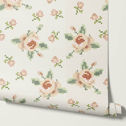 Bonnie Cross Stitch Roses Peach Wallpaper