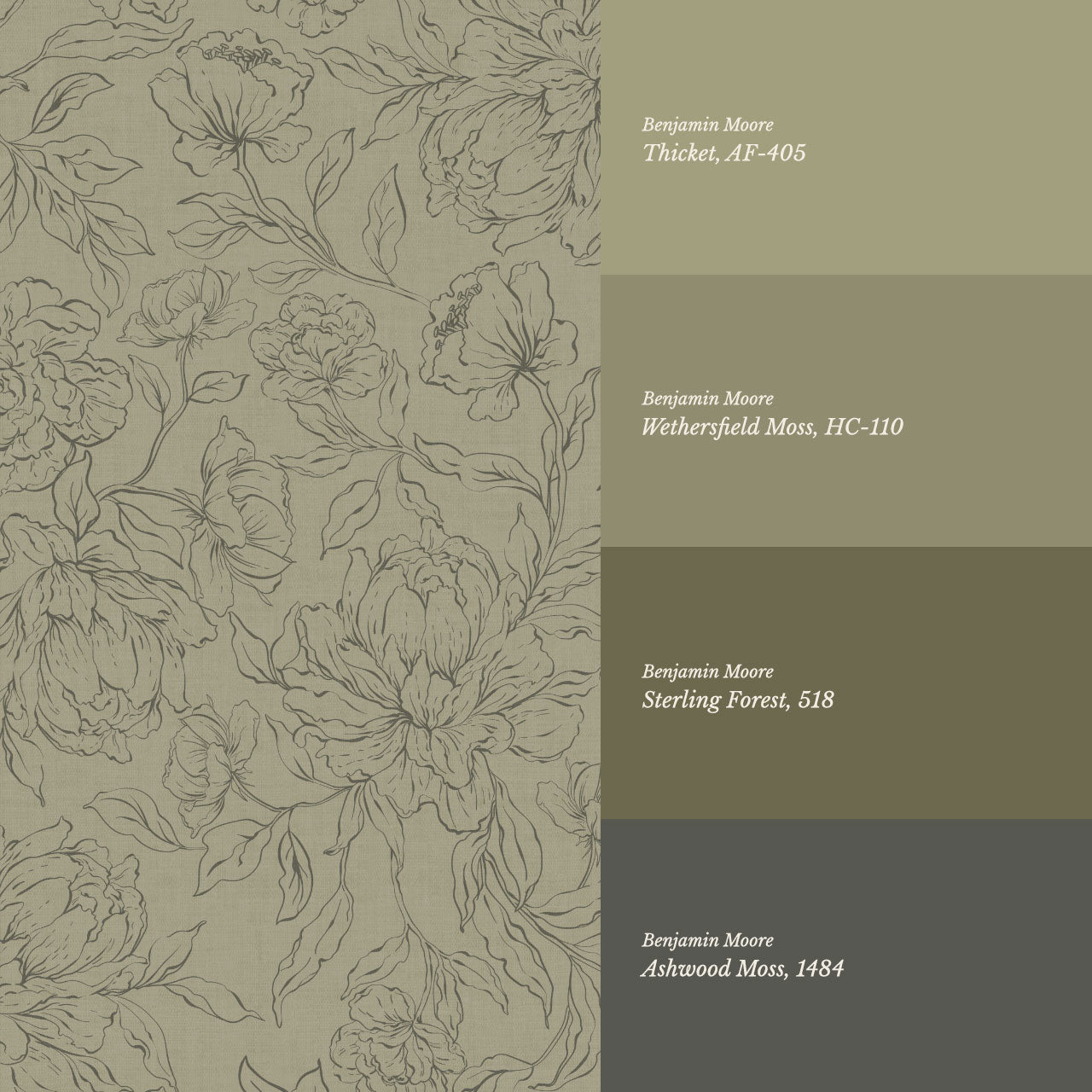 Briana Large Peony Sketch Moss Wallpaper
