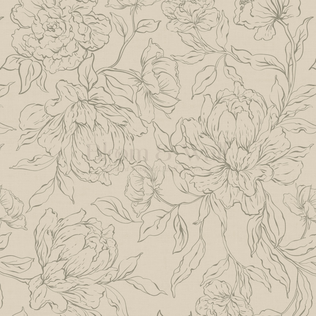 Briana Large Peony Sketch Beige Olive Wallpaper