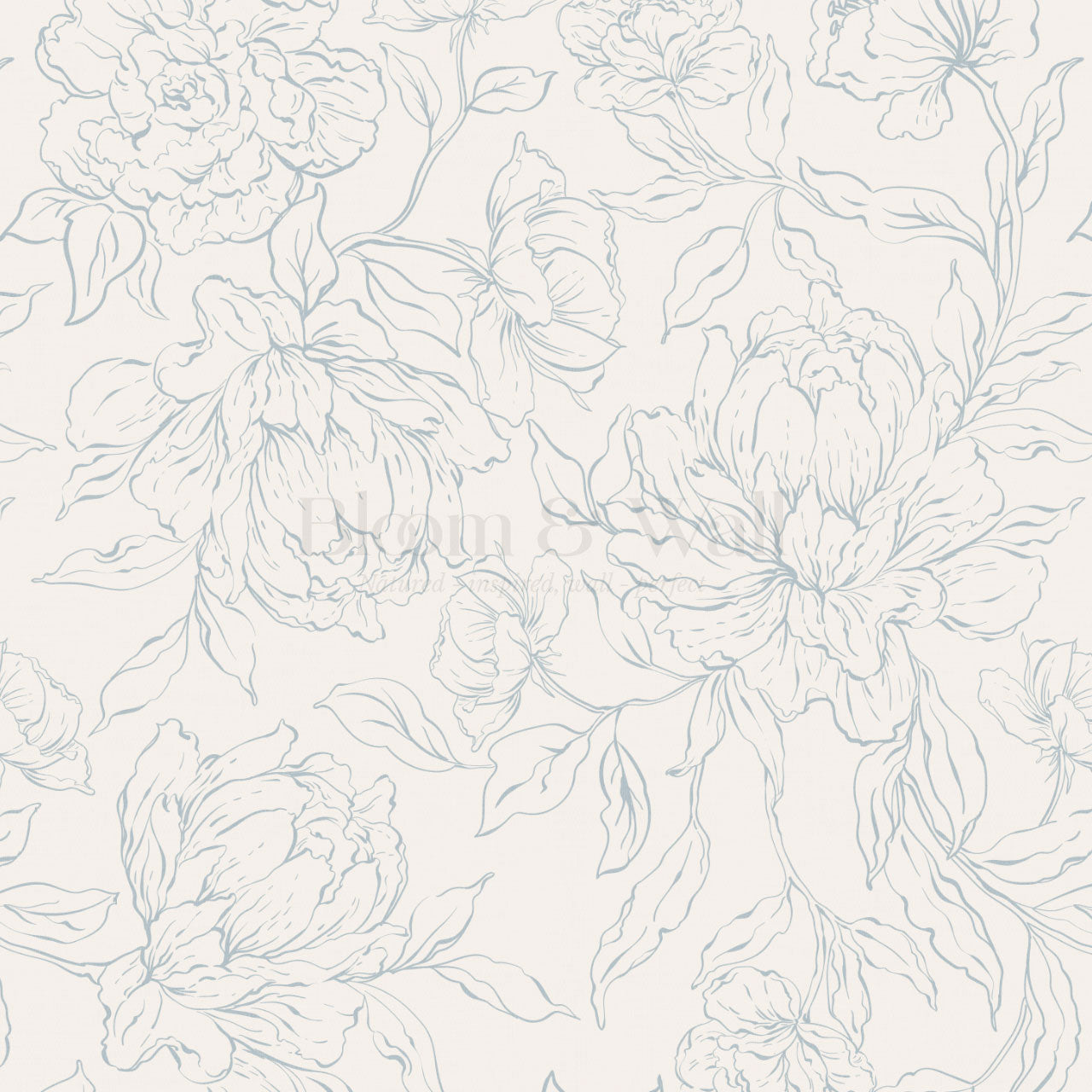 Briana Large Peony Sketch Cream Blue Wallpaper