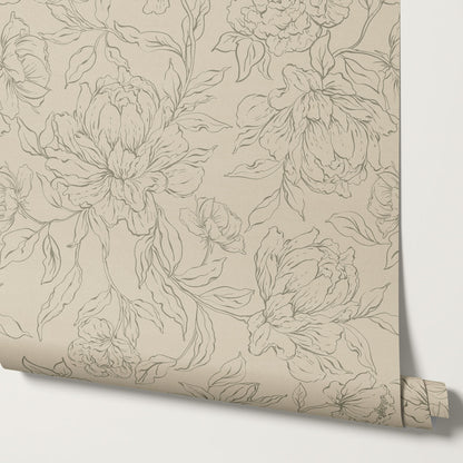 Briana Large Peony Sketch Beige Olive Wallpaper